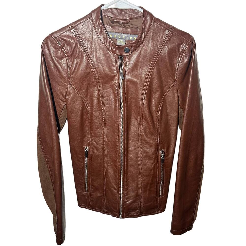 Kenneth Cole Reaction Brown Faux Leather Moto Jacket Size Small